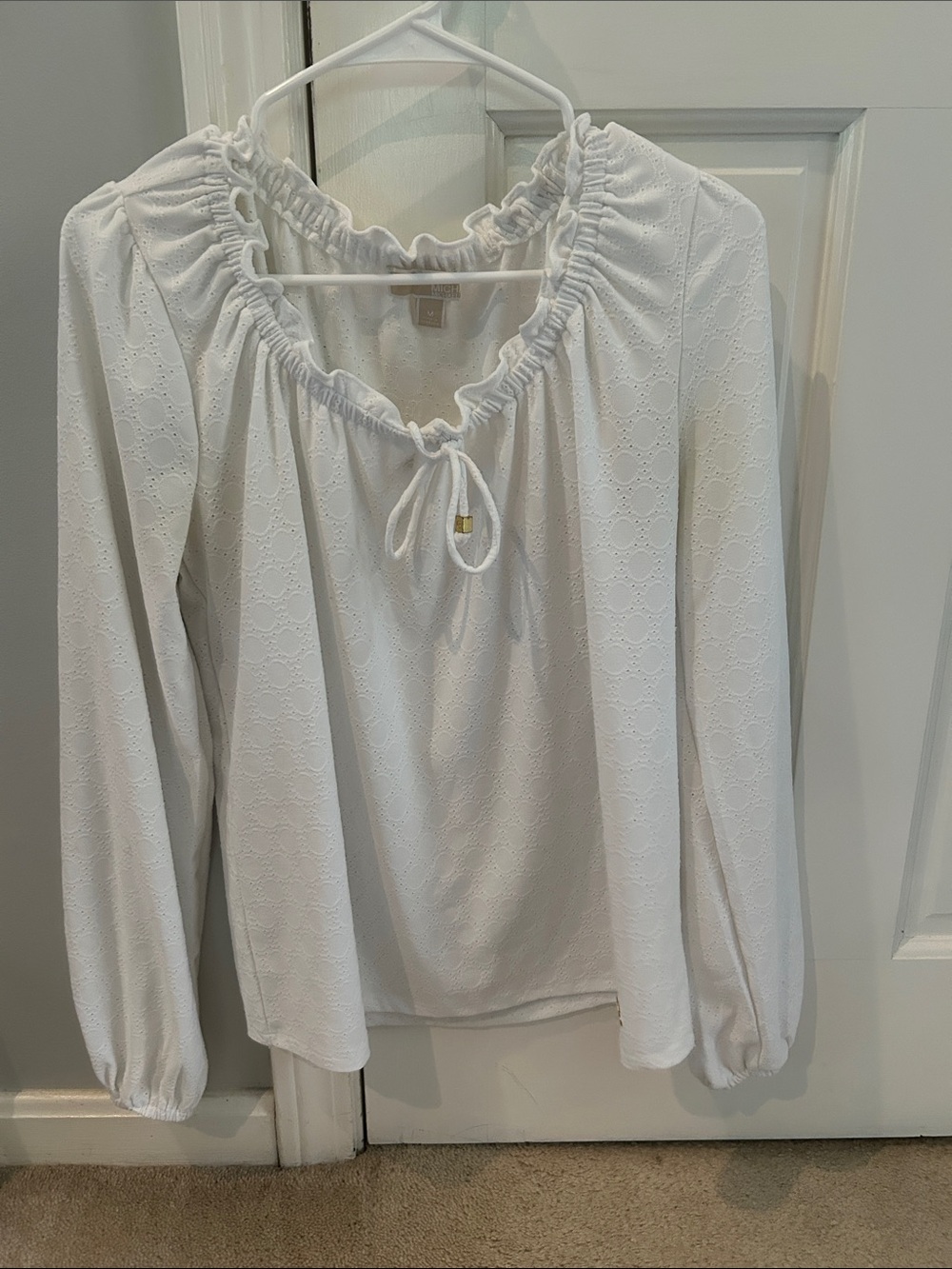 Michael Kors White Eyelet Ruffle Tie-Neck Blouse